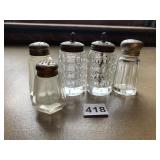 GLASS SALT AND PEPPER SHAKERS, 5 TOTAL