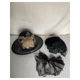 BLACK FLOWER APPLIQUE WIDE BRIM HAT BY