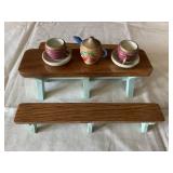 WOOD DOLL HOUSE TABLE, TEA POT AND CUPS