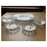 5 GLASS DESSERT DISHES AND CUT GLASS 10.5" PLATE