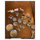 MINIATURE FIGURES, DISHES, FLATWARE, DOG ETC.