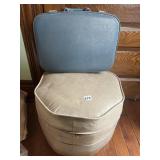 NAUGAHYDE OTTOMAN AND SMALL BLUE TRAVEL CASE
