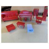 RED WOOD DOLL HOUSE FURNITURE, CLOCK, PIANO,