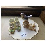 PORCELAIN SHOES, LUSTERWARE BIRD, SHELLS, DOILY