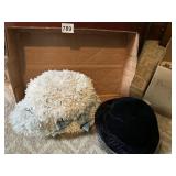 FAUX FLOWER HAT AND BLUE VELOUR HAT WITH FEATHERS