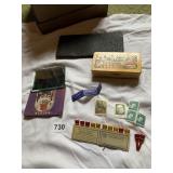 TRINKET BOX, FOREIGN STAMPS, WOODEN GOLF TEES,