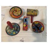 5 NOISE MAKERS IN OLD WOOD BOX