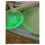 VASELINE GLASS CAKE DISH, SMALL MIXING BOWL,