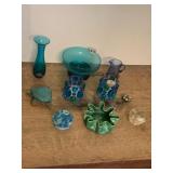 BLUE GLASS MORGANTOWN BUD VASE, FLOWER FROGS WITH