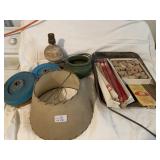 METAL LAMP WITH CLIP ON SHADE, WOOD SPOOLS ETC.