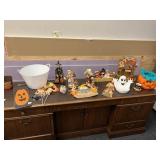 HALLOWEEN WOOD WITCH AND PUMPKIN, CERAMIC GHOST,