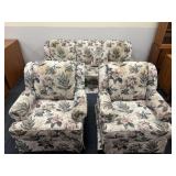 FLORAL SOFA AND 2 CHAIRS NOTE BACK WHERE HEAD