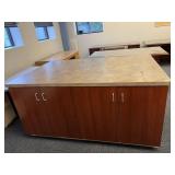 WOOD TABLE W/ BASE STORAGE 4 DOORS ON EACH SIDE