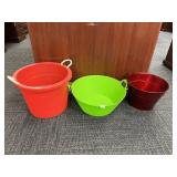 PLASTIC STORAGE TONES AND RED METAL BIN