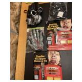ZOMBIE GLOVES, MAKE UP KIT, GAS MASK