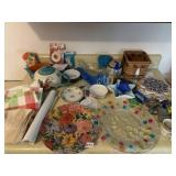 SERVING PLATES, TEAPOT, BASKET, ETC.