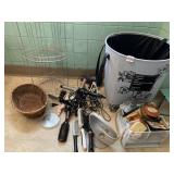 CURLING IRONS, BASKET, ETC.