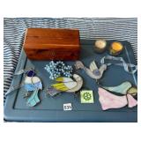 STAINED GLASS BIRDS, WOOD SM. CEDAR BOX, CANDLES