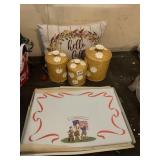 3 PC. CANISTER SET, PILLOW, PLACEMATS