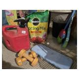 POTTING MIX, CAS CAN, HAND WEIGHTS, 2 BROOMS