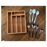 SERVING PIECES, WOOD ORGANIZER, UTENSILS