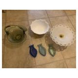FENTON GREEN BASKET, FISH DISH, ETC.