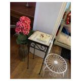 TILE TOP STAND, VASE W/ FLOWERS, WHITE PLANT