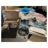 WOOD DESK, PEDESTAL DISHES, MASSAGE ROCKS