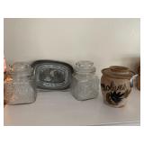 OLIVES, CORK, PEWTER TRAY, GLASS JARS