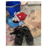 TWO BUCKETS W/ FLOWERS, BUCKET, RAGS, BROWN BAGS,