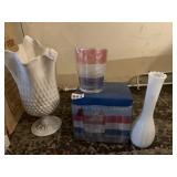 MILK GLASS VASE, 4 RED/WHITE/BLUE GLASSES, BUD