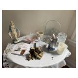 FOOTED DISH, RELIGIOUS STATUE, BASKET, BATTERY OP