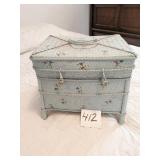 BLUE PAINTED WICKER SEWING BASKET WITH CONTENTS