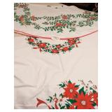 TWO ROUND CHRISTMAS TABLECLOTHS RED BIRDS WITH
