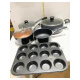 CALPHALON MUFFIN PAN, SAUCE POTS T-FAL & OTHERS