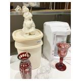 RUBY W/ CHIP VASE, COFFEE MAKER, TUPPERWARE,