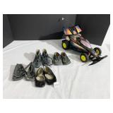 VINTAGE LEATHER CHILD SHOES AND RACE CAR