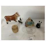 ANTIQUE BUDDHA, WOOD BARREL PUZZLE, GLASS PANDA