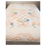 WHITE CHENILLE BEDSPREAD WITH PINK AND BLUE BOWS