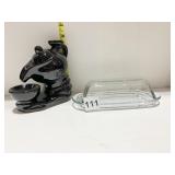 COVERED BUTTER DISH, FIGURINE OF A TEA POT BLACK