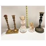 BRASS CANDLE STICKS, 2 ANGELS, 1 HAS GLUED WINGS