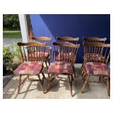 6 WOODEN DINING CHAIRS, 1 WITH ARMS
