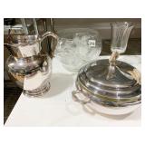 SILVER PLATE PITCHER, CASSEROLE, ETCHED PUNCH