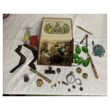 CIGAR BOX WITH GREEN PRISMS, TIMEX WATCH FACE,