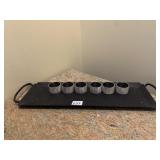 IRON TRAY AND 6 MOTHER OF PEARL RINGS