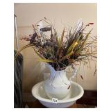 PORCELAIN PITCHER AND BOWL SET W/ DRIED FLOWERS