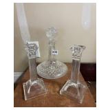 CRYSTAL CANDLE STICK AND DECANTER