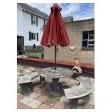 CEMENT BENCH, UMBRELLA  AND MEXICAN CHIMENEA