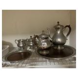 6 PIECE PEWTER TEA SET WOOD HANDLES MADE IN
