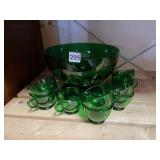 GREEN PUNCH BOWL W/ GLASSES